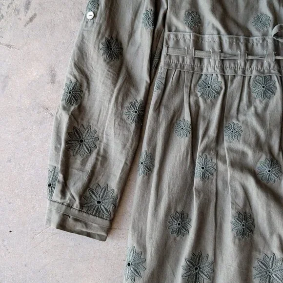 Diane Von Furstenberg Olive Green Floral Embroidered Long Sleeve Shirt Dress